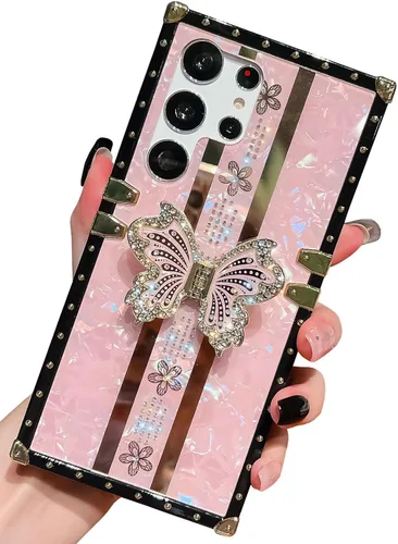 Miniatura 60 de Bonita funda compatible con Samsung Galaxy S22 Ultra, soporte plegable de lujo con diseño de mariposa brillante para mujeres y niñas, funda Blanco