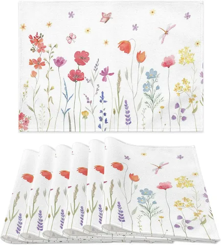 Juego de 6 manteles individuales para primavera y verano, diseño floral, antideslizante, resistente al calor, tela de lino de algodón, cuadrados,