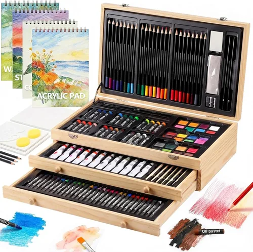 Miniatura 11 de Juego de arte de lujo de 194 piezas, suministros de pintura y dibujo con 4 blocs de dibujo, pinturas acrílicas, crayones, juego de lápices de Rosa