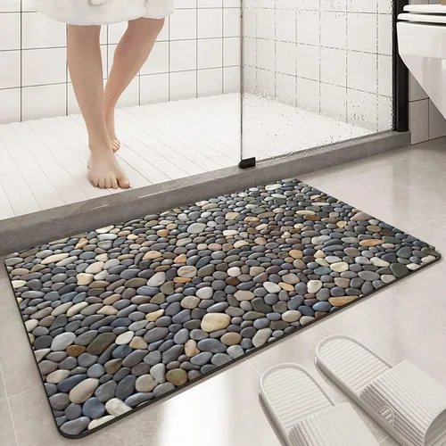 Miniatura 3 de Alfombra de baño con estampado de piedra de guijarro, antideslizante, lavable, patrón de adoquines, tapete de baño pequeño con parte trasera
