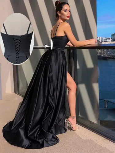 Miniatura 2 de Xjizu Vestido de fiesta de satén con tirantes delgados para mujer, vestidos largos de fiesta de noche con bolsillos