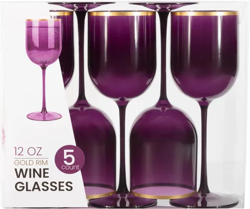 Miniatura 16 de Juego de 10 copas de vino de plástico con borde dorado, copas de vino elegantes copas de vino de plástico duro Champaign tazas en tallo de 12 onzas