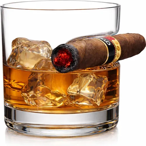 Godinger Regalos para hombres, Vaso de whisky para cigarro, Vasos de whisky Old Fashioned con reposo de cigarro con hendidura, Regalos para papá