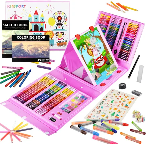Miniatura 8 de KINSPORY Kit de arte, 290 unidades de arte para manualidades, kit de colorear, caballete triple de doble cara, pasteles al óleo, crayones y lápices