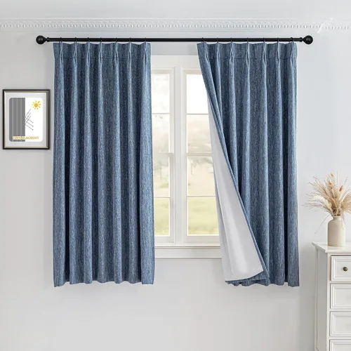 Miniatura 14 de MYSKY HOME Dusty Blue Full Black Out Pinch Pleated Curtains 63 inches Long for Bedroom Linen Textured with Blackout Liners Blue Gray Thermal