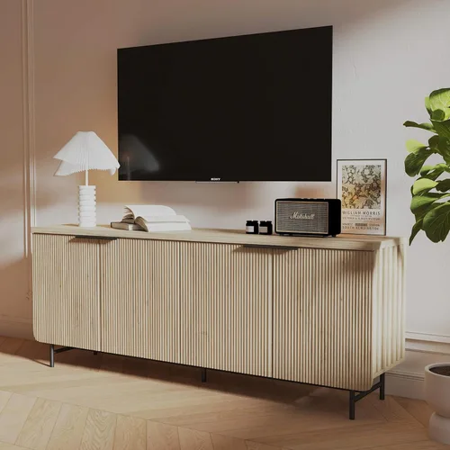 Miniatura 10 de Soporte de TV acanalado de mediados de siglo para TV de 55 a 75 pulgadas, centro de entretenimiento negro con almacenamiento, soporte de televisión