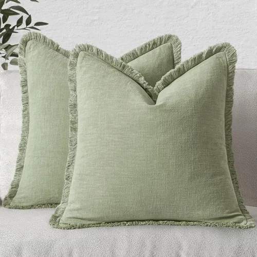 Miniatura 17 de MIULEE Juego de 2 fundas de almohada decorativas de lino neutro con flecos, fundas de cojín de estilo bohemio con borlas para sofá, cama, sala