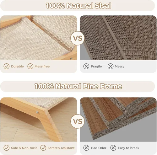 Miniatura 4 de Avont Cama rascador para gatos, almohadilla rascador de sisal natural, marco de madera maciza, sillón para gatos de interior, extra grande