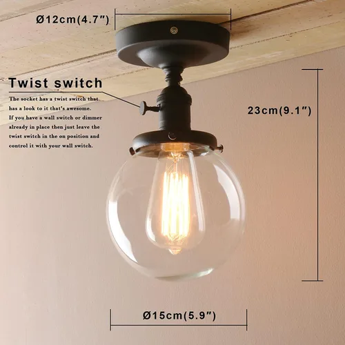 Miniatura 3 de Pathson lámpara de techo estilo industrial antiguo de 5.9 pulgadas con panel de montaje con bola de cristal transparente, negro, 60.00watts, 120.00