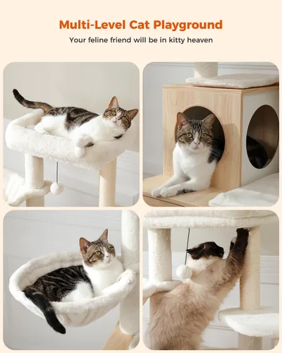 Miniatura 7 de MUTTROS Árbol para gatos con caja de arena, árbol moderno de 50 pulgadas para gatos grandes y gordos con condominio para gatos, muebles de madera