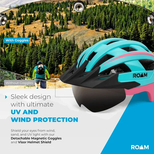Miniatura 3 de Roam Casco de bicicleta de carretera, cascos duraderos para adultos con visera solar, luz LED y gafas magnéticas desmontables, tamaño ajustable