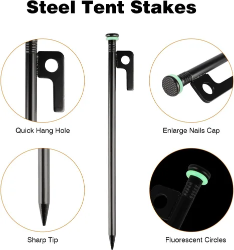 Miniatura 4 de Paquete de 4 estacas de metal resistente para tienda de campaña con estacas de acero de 10 pulgadas + anillos de silicona fluorescente+bolsa