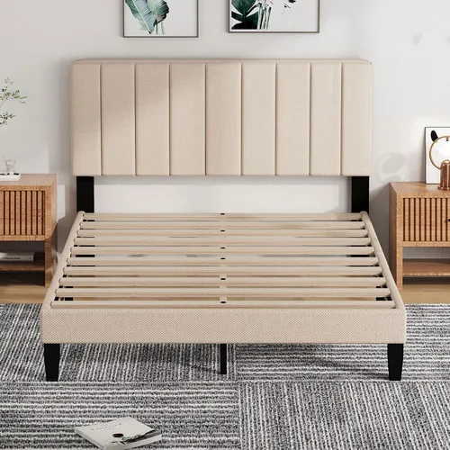 Miniatura 9 de Base de cama tamaño Queen con cabecera tapizada, base de cama de plataforma con cabecera suave de lino de altura ajustable, 10 piezas de soporte