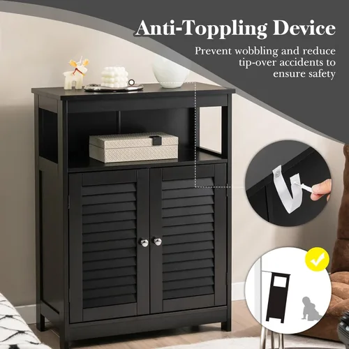 Miniatura 6 de GLACER Gabinete de suelo de baño, armario de almacenamiento de madera con puertas dobles con persiana y estante ajustable de 3 posiciones