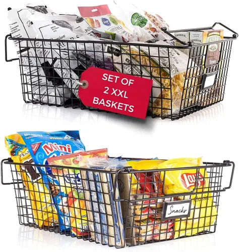 Miniatura 7 de Granrosi Cestas de alambre apilables XXL para organizar, juego de 2 cestas de almacenamiento de alambre blanco con asas; organizador de aperitivos