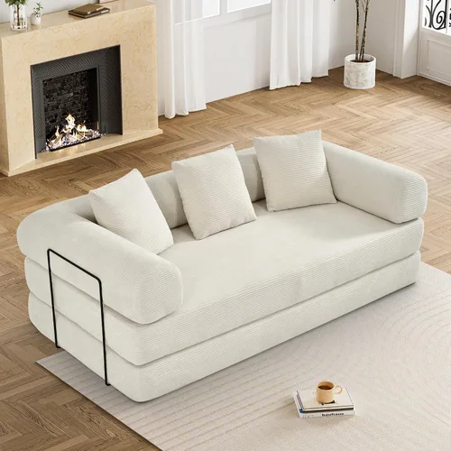 Miniatura 9 de DAMAIFROM Sofá cama convertible con almohada cilíndrica, sofá cama plegable de pana con marco de forma fija, sofá modular de suelo para sala de Beige