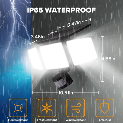 Miniatura 7 de UME Luces solares para exteriores, 302 LED, 3000 lúmenes, IP65, impermeable, sensor de movimiento, luces de inundación de 3 cabezales, 270 ángulo