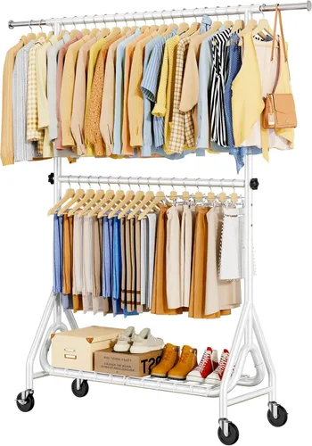 Miniatura 16 de Perchero de Ropa Resistente, Perchero de Ropa de Metal con Capacidad de 450 Libras, Percheros Rodantes para Colgar Ropa con Ruedas Bloqueables