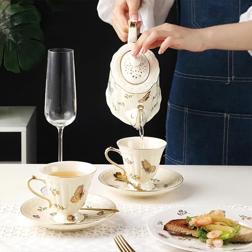 Miniatura 3 de Juego de taza de té y platillo de porcelana, taza de café de cerámica de 8.5 onzas líquidas con platillo y cuchara, taza de café vintage con ribete