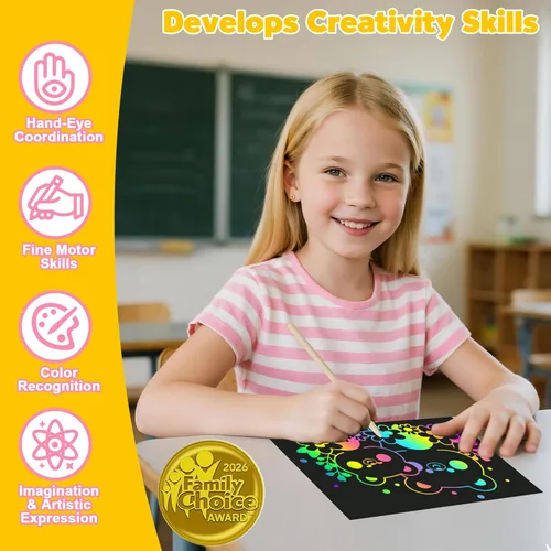 Miniatura 2 de ZMLM Juego de 100 piezas de papel de arte de arco iris para rascar, kit de suministros de manualidades mágicos para niños, niñas, niños, hojas