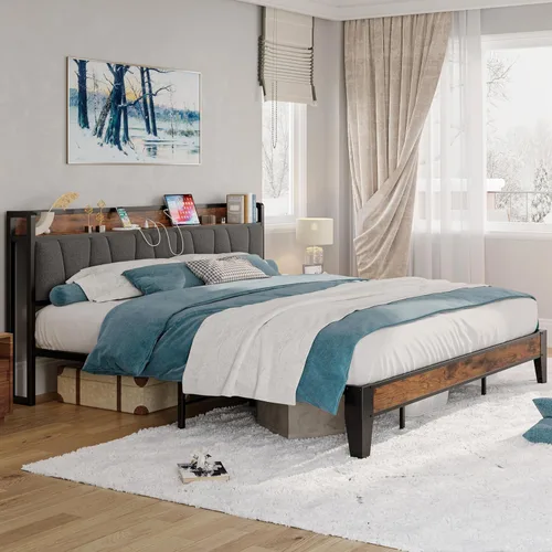 Miniatura 3 de LIKIMIO Base de cama California King, cabecera de almacenamiento con estación de carga, sólida y estable, sin ruido, no necesita somier, fácil