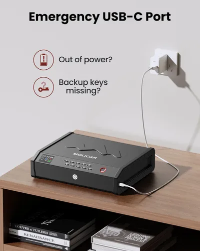 Miniatura 4 de Caja de seguridad para armas, cajas de seguridad biométricas para pistolas de mano con LCD de temperatura, humedad, batería, puerto USB-C, acceso