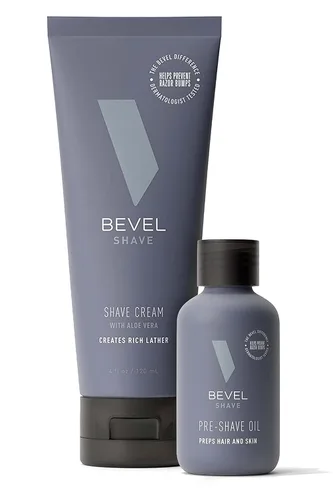 Bevel Paquete de crema de afeitar y aceite para antes del afeitado: incluye crema de afeitar para hombres y aceite de imprimación, clínicamente