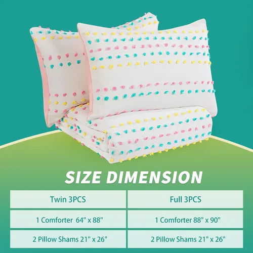 Miniatura 4 de HOMBYS Juego de edredón de ropa de cama con pompones mechudos para niñas, juego de edredón jacquard boho blanco de 3 piezas para niños para todas