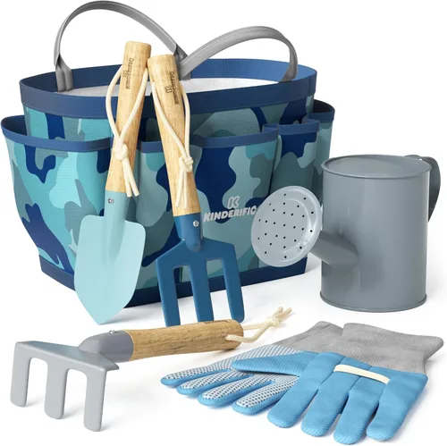 Miniatura 7 de Juego de jardinería, kit de herramientas, para niños, STEM, incluye bolsa de mano, pala, regadera, rastrillo, tenedor, paleta y guantes (Petal)