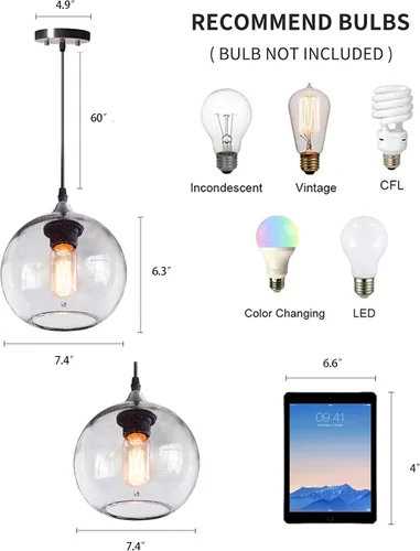Miniatura 6 de Luces colgantes de globo para isla de cocina, paquete de 3 unidades, vidrio soplado a mano, iluminación rústica moderna, burbujas transparentes