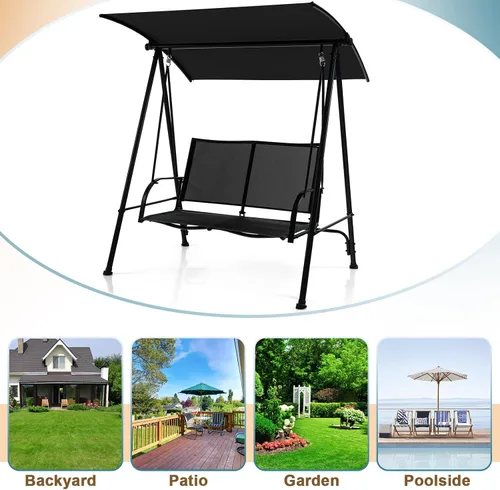 Miniatura 8 de Tangkula Columpio de porche para 2 personas, columpio de patio con toldo ajustable, asiento de tela cómodo y marco de acero resistente, columpio