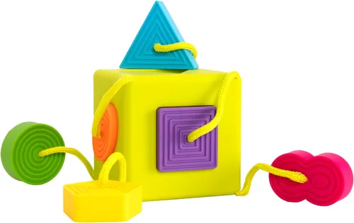 Fat Brain Toys OombeeCube, Juguetes para bebés y niños pequeños de 10 meses en adelante, clasificador de formas apto para viajes con formas atadas