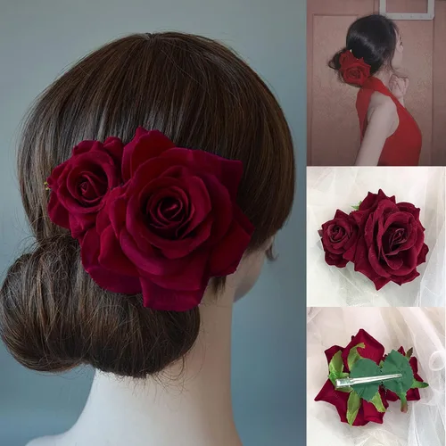 Miniatura 8 de Peines de pelo de flores, flor de rosa, bohemia, horquilla, disfraz de novia, decoración de pelo para fiesta, boda, rojo (1 unidad)