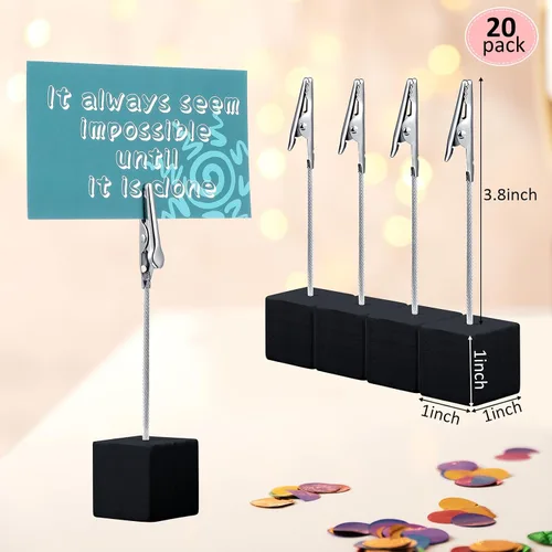 Miniatura 2 de Gersoniel 20 Piezas Soporte de Clip para Notas Base Cúbica con Clip de Cocodrilo Soporte de Números de Mesa de Madera Base Cúbica Soporte para Negro