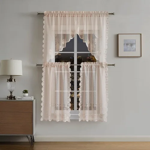 Miniatura 4 de Warm Home Designs El paquete de 3 cortinas de lino dorado para ventana de cocina incluye 2 niveles de 24 pulgadas y cenefa con festón. Juego