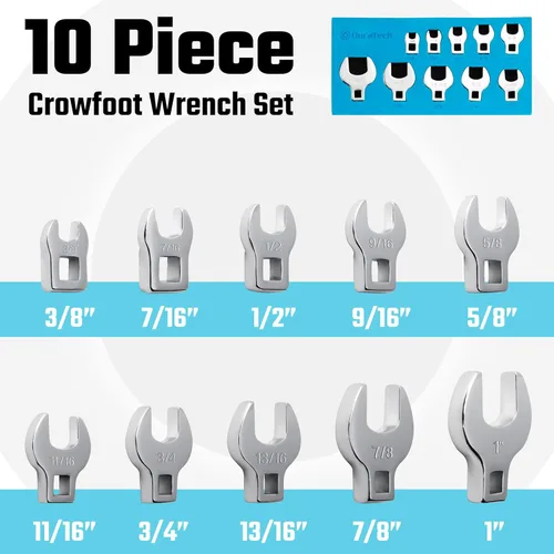 Miniatura 2 de Duratech Juego de 10 piezas de llaves Crowfoot de 3/8 de pulgada, juego de llaves de extremo abierto, SAE, 3/8"-1", acero CR-V, con organizador