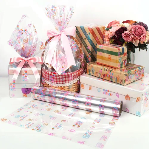 Miniatura 4 de JOYIT Rollo de celofán de feliz cumpleaños de 100 pies de largo x 35 pulgadas de ancho, rollo de celofán transparente de 3 mil de grosor, bolsas