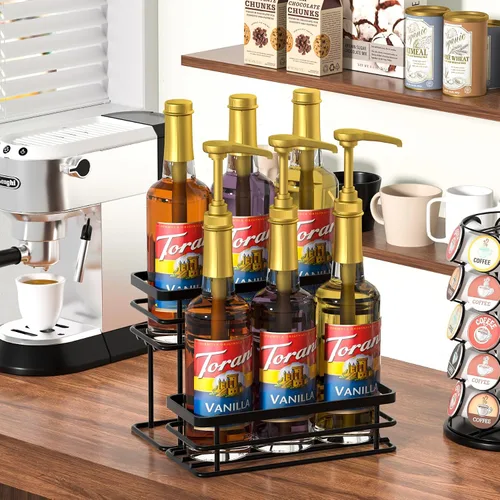 Miniatura 8 de Organizador de jarabe de café, soporte para botellas de jarabe para barra de café, 2 niveles, 6 estantes de almacenamiento para jarabe, vino