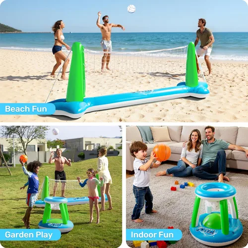 Miniatura 6 de JOYIN Juego de flotador de piscina inflable con red de voleibol y aros de baloncesto; bolas incluidas para niños y adultos, juego de piscina