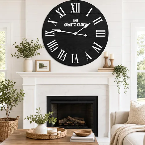Miniatura 8 de ARTPOWER Reloj de pared grande de granja, reloj de pared Shiplap de 35.5 pulgadas con número romano, casi sin tictac, relojes de pared redondos