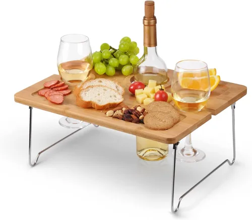 Tirrinia Mesa Portátil de Picnic para Vino, Regalo de Vino Ideal para Mujeres y Hombres, Pequeña Mesa Plegable para Picnic al Aire Libre y Bandeja