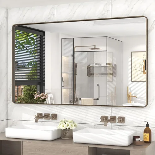Miniatura 108 de Paquete de 2 espejos de baño con marco de metal negro de 22 x 30 pulgadas, espejo rectangular redondeado negro mate, antioxidante, se cuelga