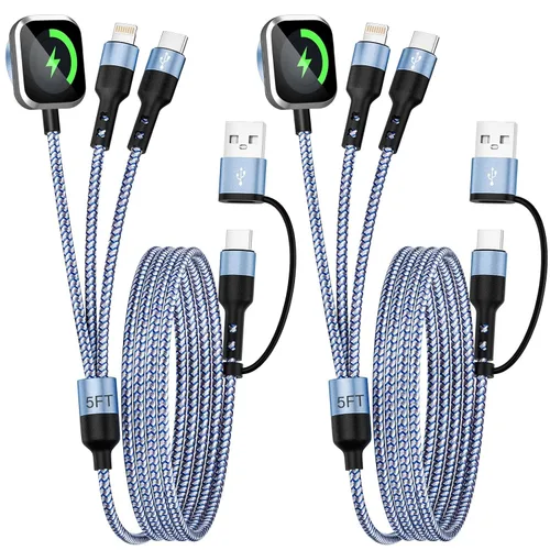 Miniatura 14 de Cable de Carga Múltiple para Cargador de Apple Watch, 4 en 1 Cable Cargador de Teléfono USB A/C con Doble Tipo-C/IP, Cable Magnético iWatch de Nylon