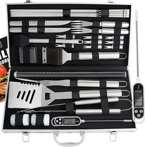 Miniatura 8 de ROMANTICIST Juego de 23 accesorios imprescindibles para parrilla de barbacoa con termómetro en estuche, juego de herramientas de barbacoa de acero