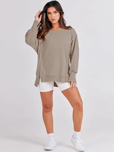 Miniatura 7 de ANRABESS Sudadera de gran tamaño para mujer, cuello redondo, manga larga, casual, con abertura, sin botones, ropa de otoño