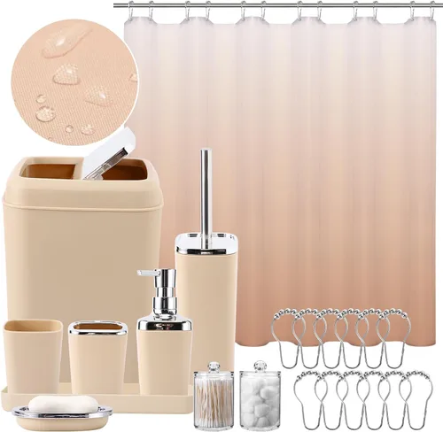 Miniatura 69 de XLHOMO - Juego de baño beige de plástico de 9 piezas, con basurero, dispensador de jabón, portacepillos de dientes, vaso, jabonera, cepillo