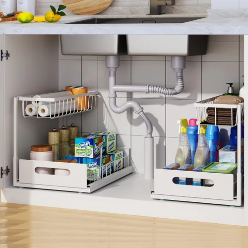 Miniatura 11 de Organizador para debajo del fregadero, estante de almacenamiento extraíble de 2 niveles, organizador de metal resistente al óxido para cocina, baño
