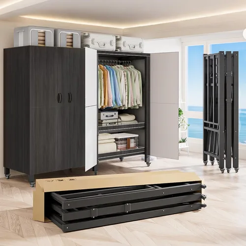 Miniatura 10 de Perchero cubierto resistente con puerta magnética, plegable, portátil, para colgar ropa, perchero de metal negro con ruedas (negro, 49.12 pulgadas)