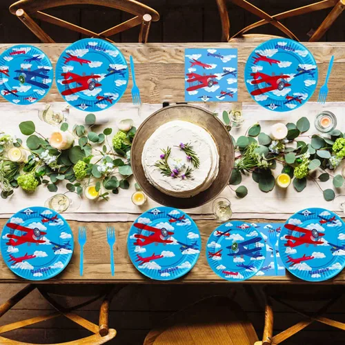 Miniatura 6 de 80 piezas de suministros de fiesta de avión, platos de papel para aviones, servilletas, tenedores, vajilla para temática de aviación para niños