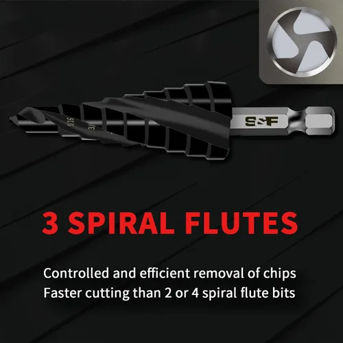 Miniatura 6 de S&F STEAD & FAST Broca escalonada de cobalto para metal, tres flautas en espiral, 1/4"-3/4", 1 unidad, Unibit resistente, vástago hexagonal de 1/4